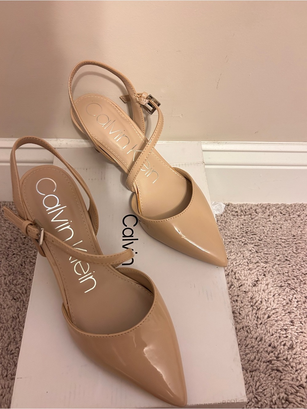 Calvin Klein Women's Beige Patent Pointed-Toe Slingback Heels